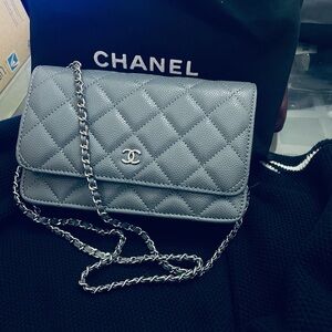 🔥CHANEL Quilted Vegan Leather Chain Crossbody sterling Gray wallet on chain